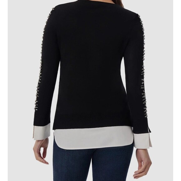 Jones New York Women's Embellished-Sleeve Shirttail Top Sweater Black White XS - Picture 2 of 5